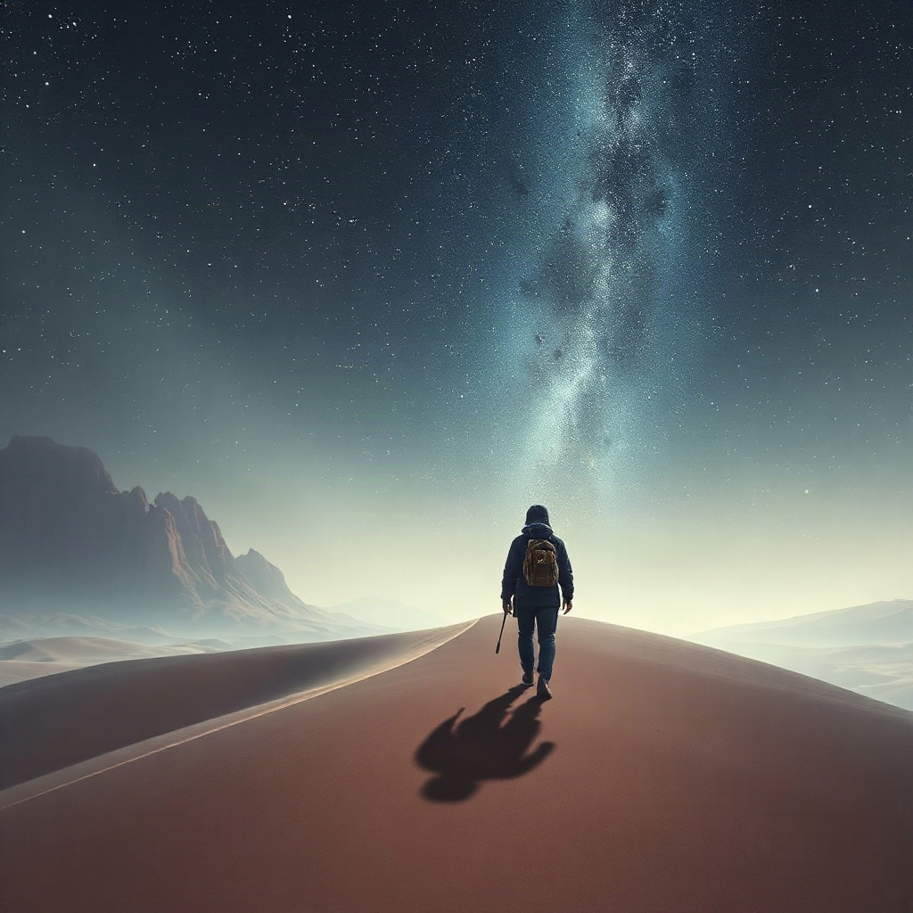 AI animated sci-fi scene of a lone courier crossing a starlit desert in Xingchen Youcha